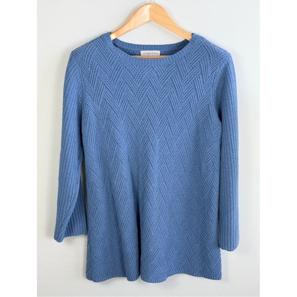 Christopher & Banks Blue Textured Knit Sweater L Chevron Tunic Chenille Feel